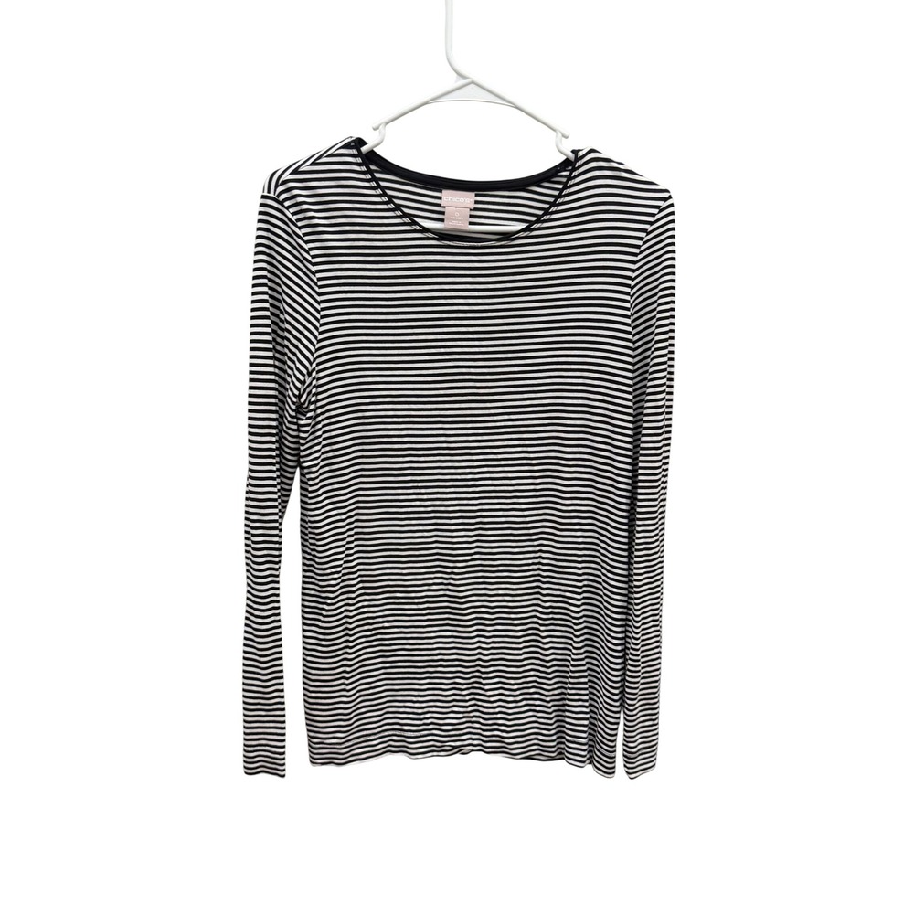Chicos Womens Size 0 Small Black White Striped Long Sleeve Crew Neck Tee Top
